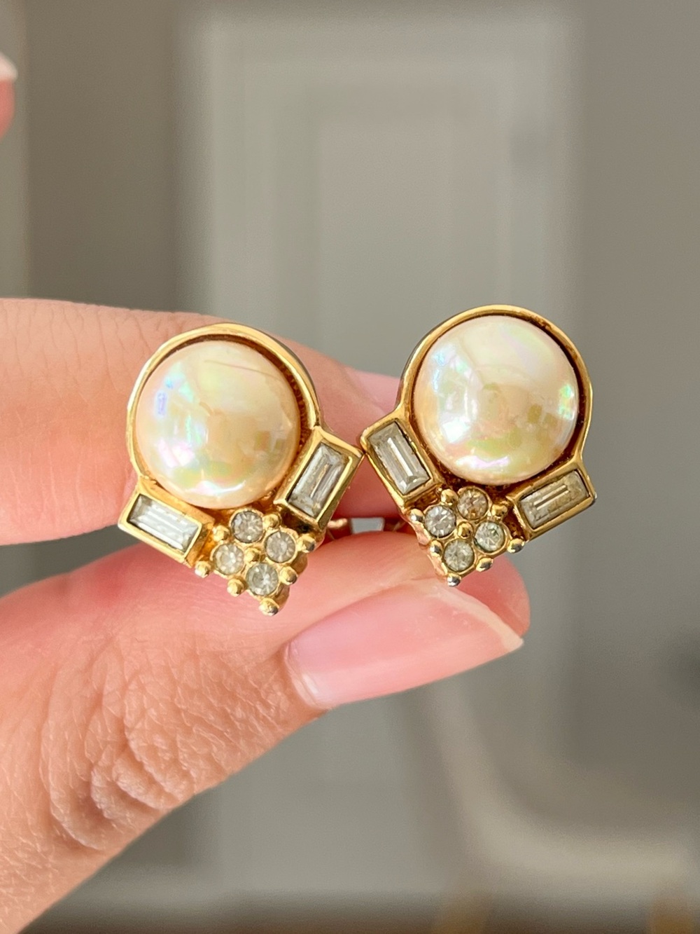 Authentic Vintage Dior Round Pearl Baguette Rhinestone Gold Clip-On Earrings